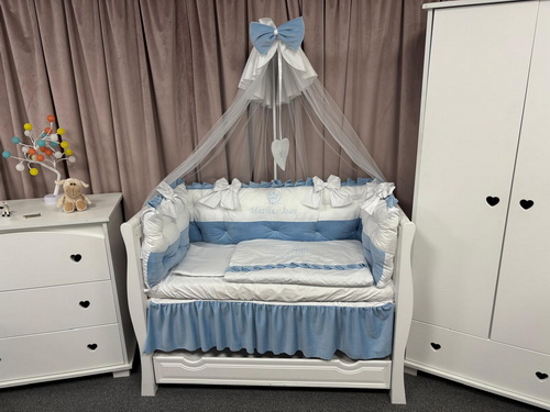 PEPPIbambini ROYAL White Blue Velvet Biancheria da letto per bambini 11 pezzi, 100% Cotone con Ricamo