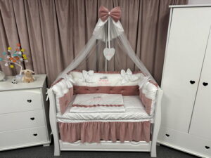 PEPPIbambini ROYAL White Pink Velvet Biancheria da letto per bambini 11 pezzi, 100% Cotone con Ricamo