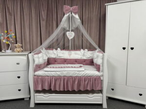 PEPPIbambini ROYAL White Pink Velvet Biancheria da letto per bambini 11 pezzi, 100% Cotone con Ricamo