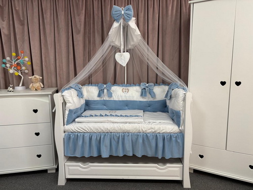 PEPPIbambini ROYAL White Blue Velvet Biancheria da letto per bambini 11 pezzi, 100% Cotone con Ricamo